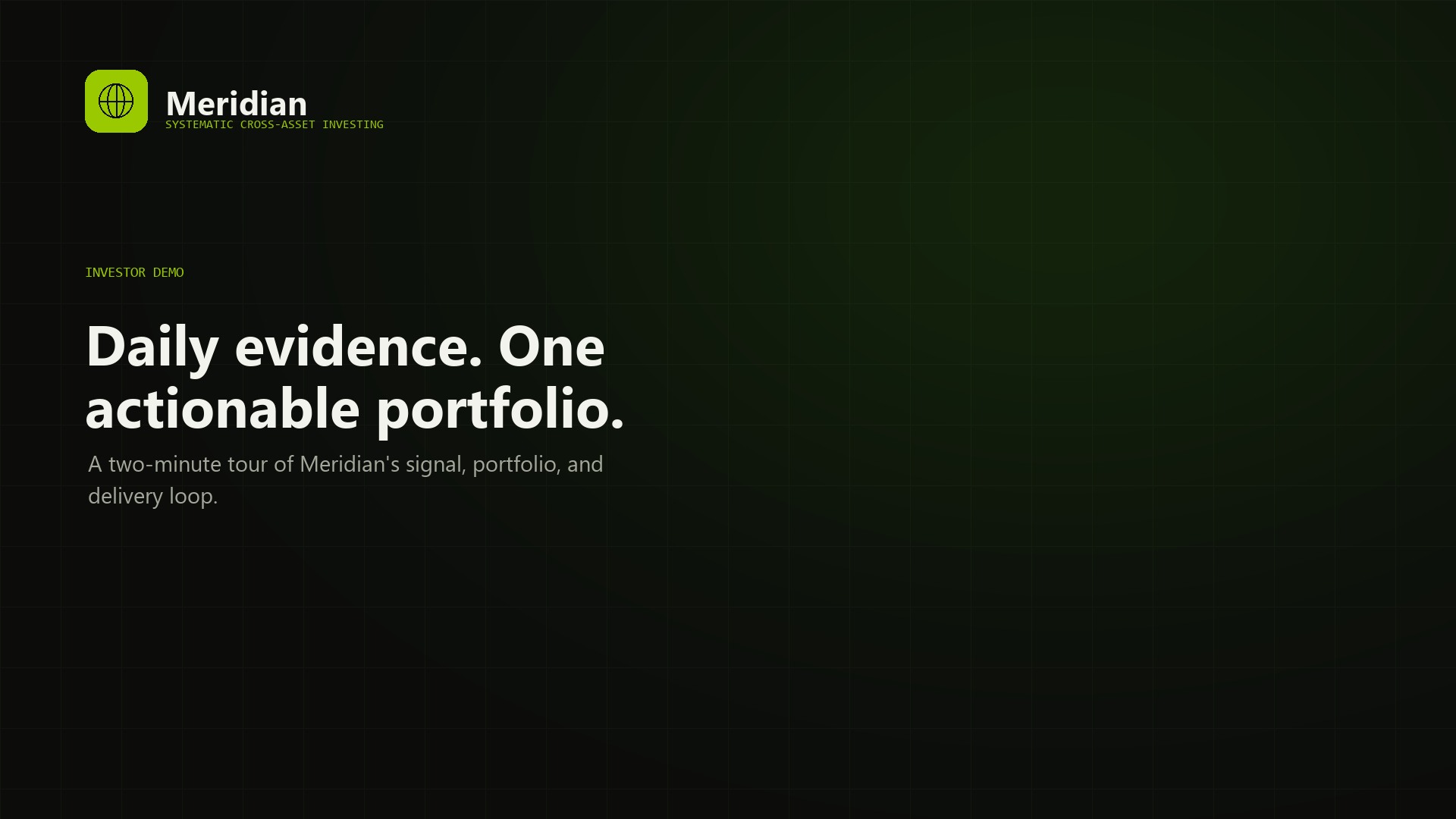 Meridian application showing portfolio allocation, holdings, and research controls